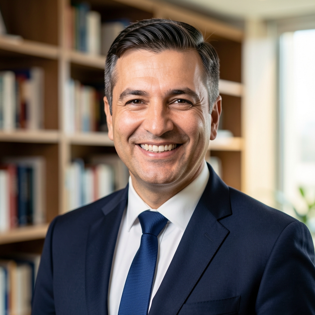Profesyonel Türk erkek ekonomist, ofis ortamında kitaplık önünde, takım elbiseli, gülen yüz ifadesiyle
