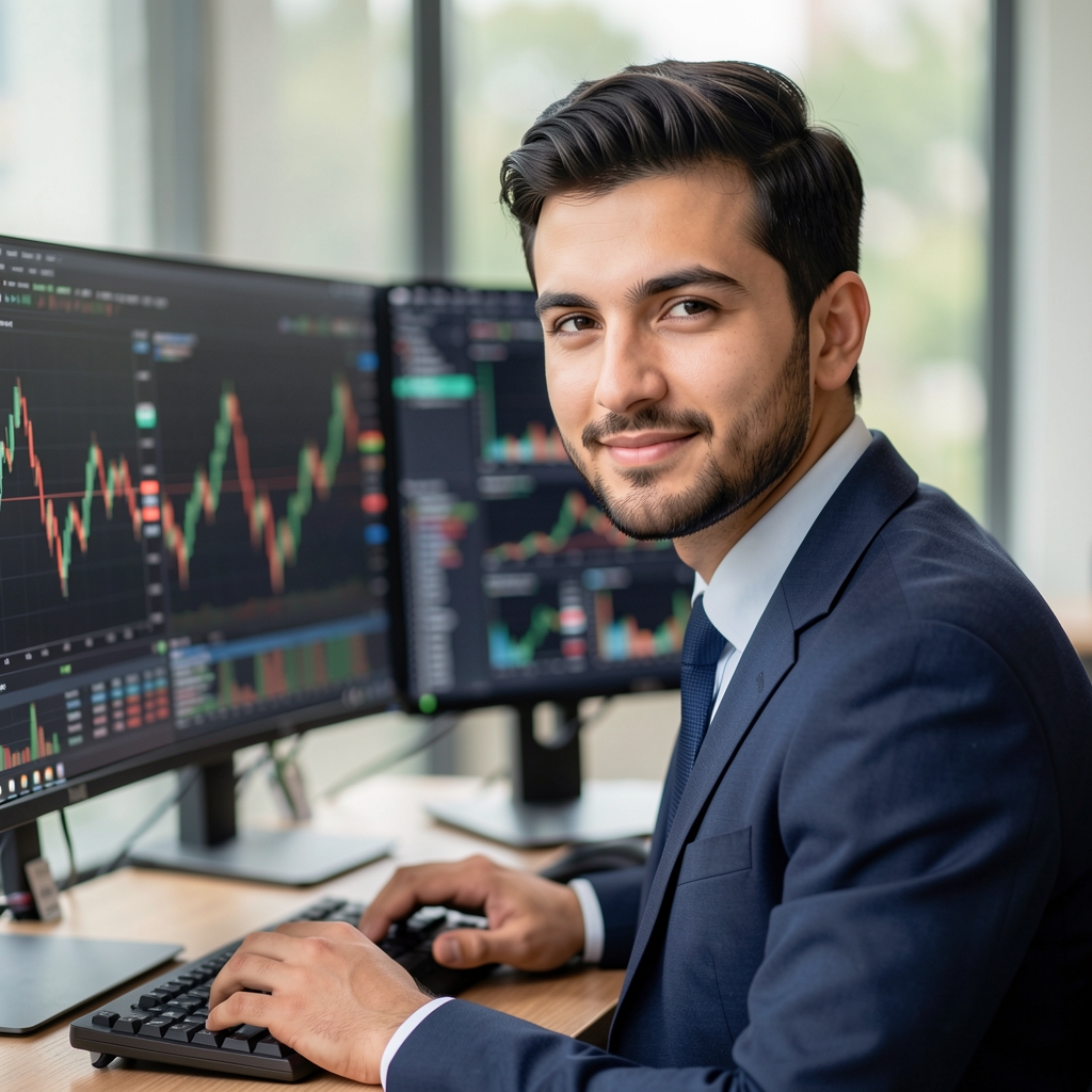 Genç Türk erkek veri analisti, büyük monitörler önünde finansal veri grafikleri üzerinde çalışıyor